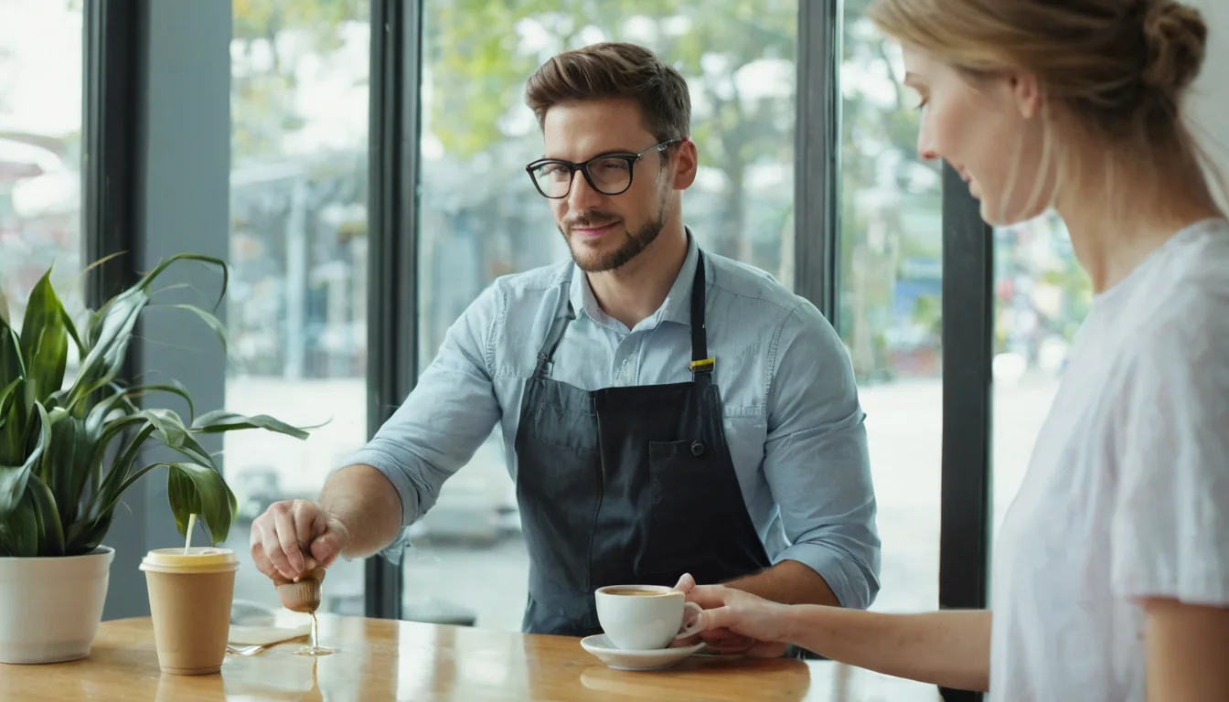 Barista pouring syrup into coffee cup for customer at cafe window