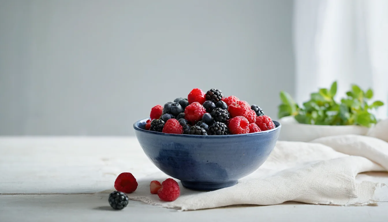Blue bowl filled with red raspberries and blackberries on a white cloth with green herbs nearby.