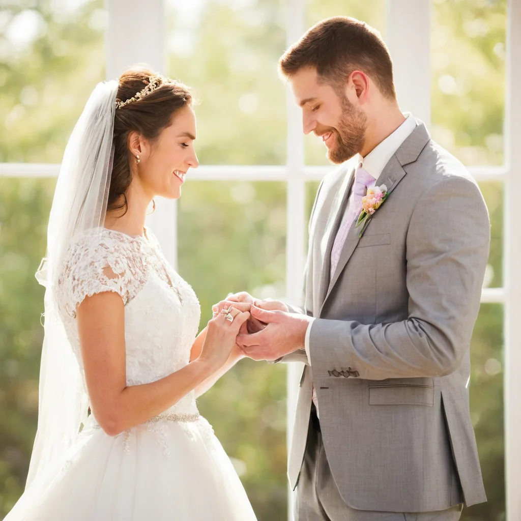 Bride and groom exchanging wedding rings in bright natural light