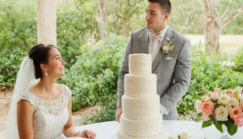 Bride and groom smiling at each other near wedding cake outdoors
