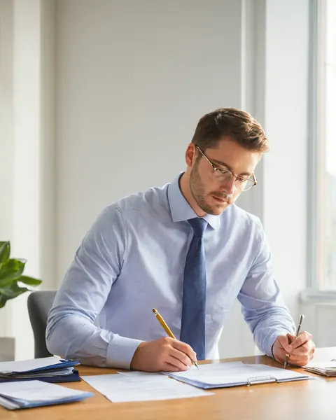 Businessman signing documents at a wooden desk in a bright office