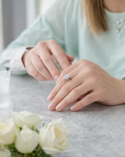 Close-up of a woman's hands displaying an engagement ring with white roses nearby.
