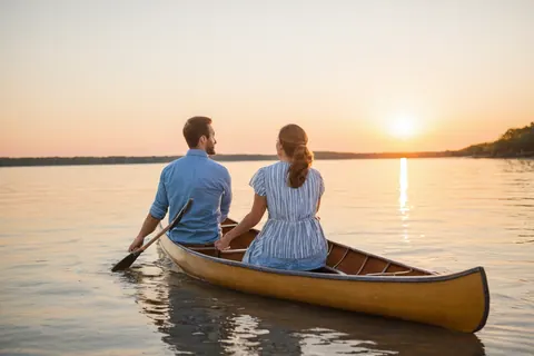 Couple paddling canoe at golden sunset on calm lake