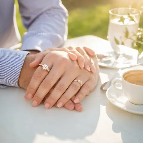 Couple's hands clasped together wearing diamond rings with coffee and milk on a marble table outdoors.