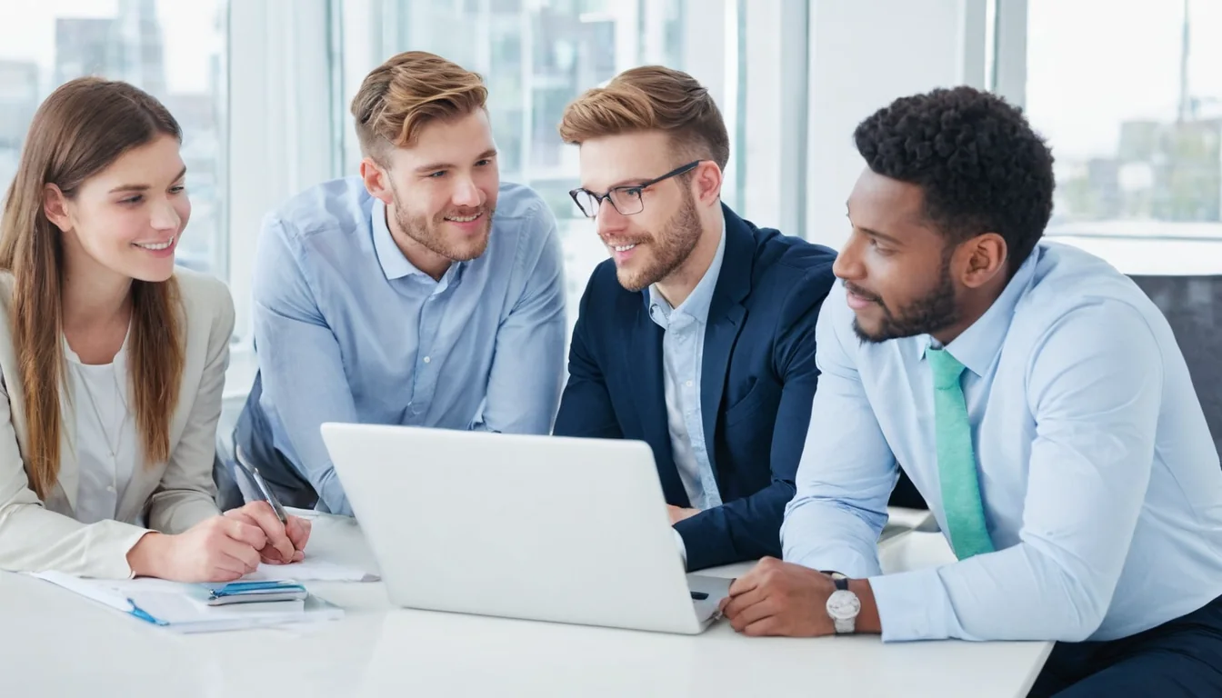 Four business professionals collaborating around a laptop in a modern office with city views.