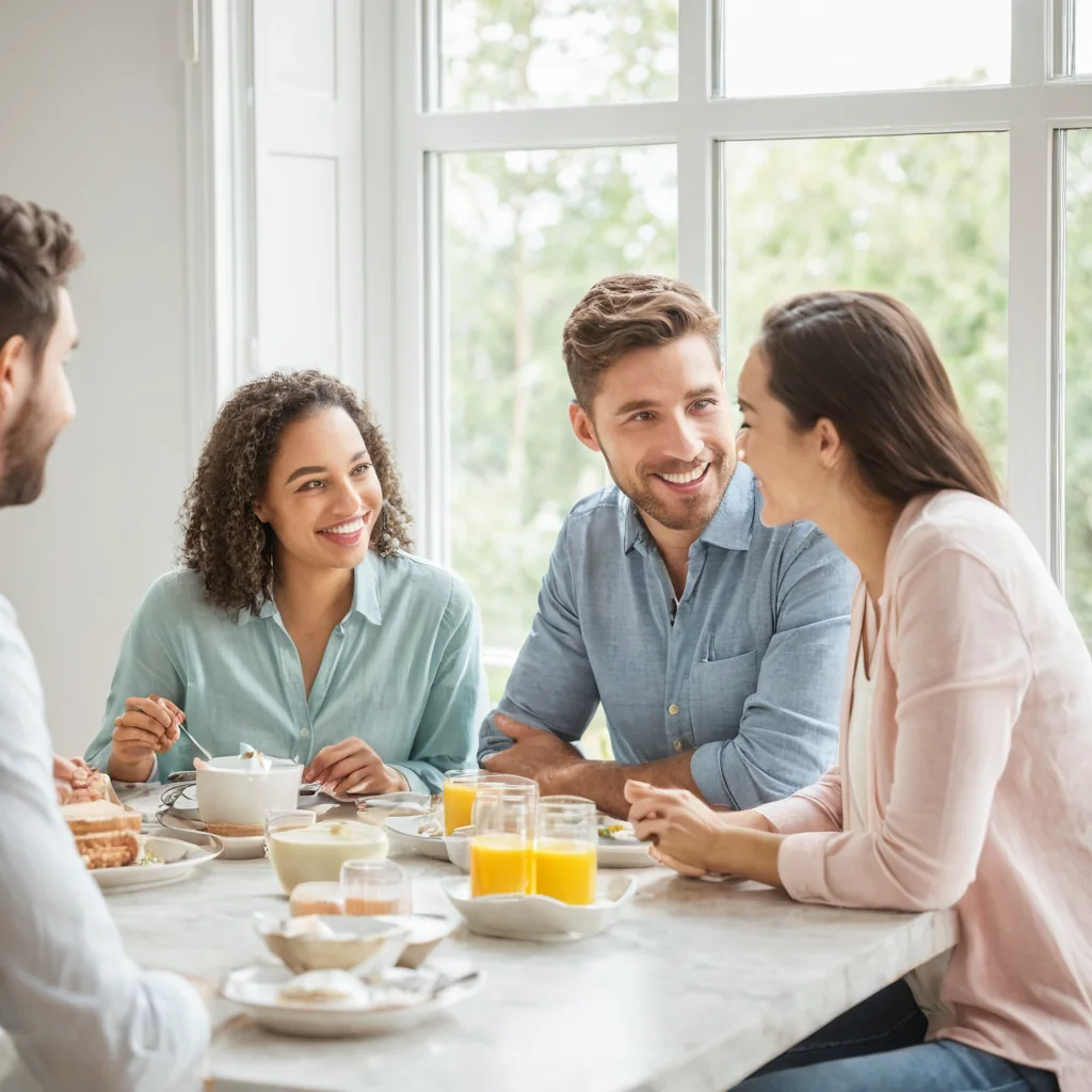 Four people enjoying breakfast together at a kitchen table near a window