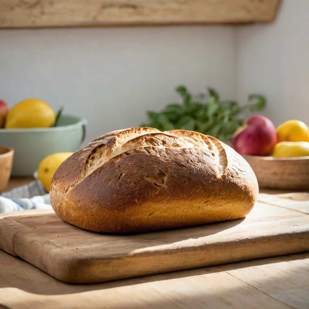 Golden brown artisan bread on wooden cutting board with lemons apples and herbs in background
