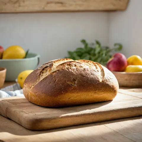 Golden brown artisan bread on wooden cutting board with lemons apples and herbs in background