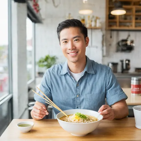 Man enjoying ramen with chopsticks in a modern cafe setting