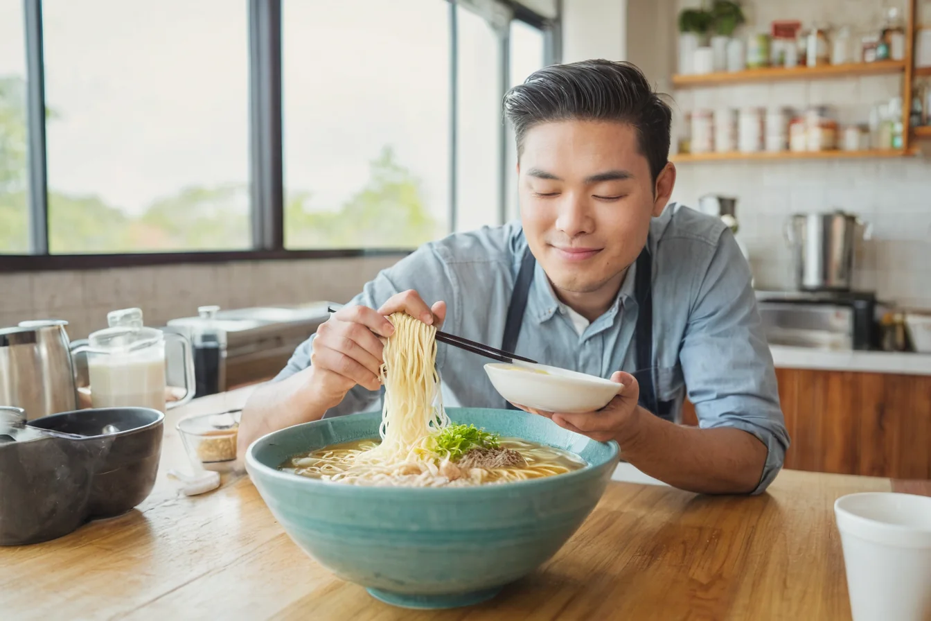 Man in apron lifting ramen noodles with chopsticks from teal bowl at wooden counter