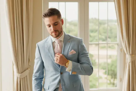 Man in light blue suit adjusting pink tie near window with beige curtains and green view