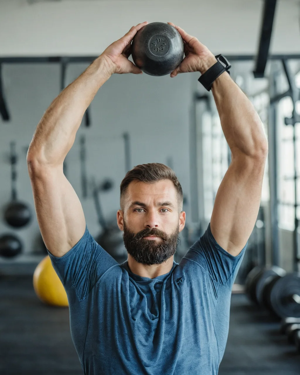 Man lifting kettlebell in gym wearing blue shirt