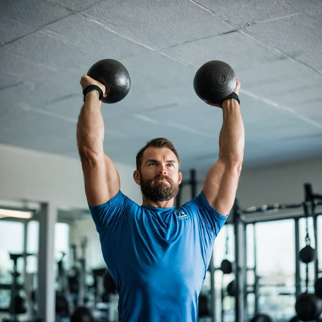 Man lifting kettlebells in gym wearing blue shirt
