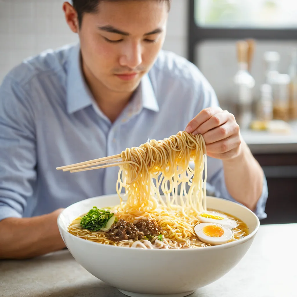 Man lifting ramen noodles with chopsticks from a bowl with eggs and greens