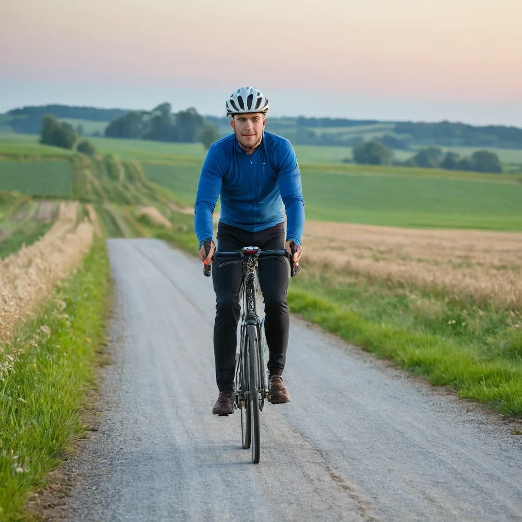 Man riding bicycle on gravel road through green fields at sunset