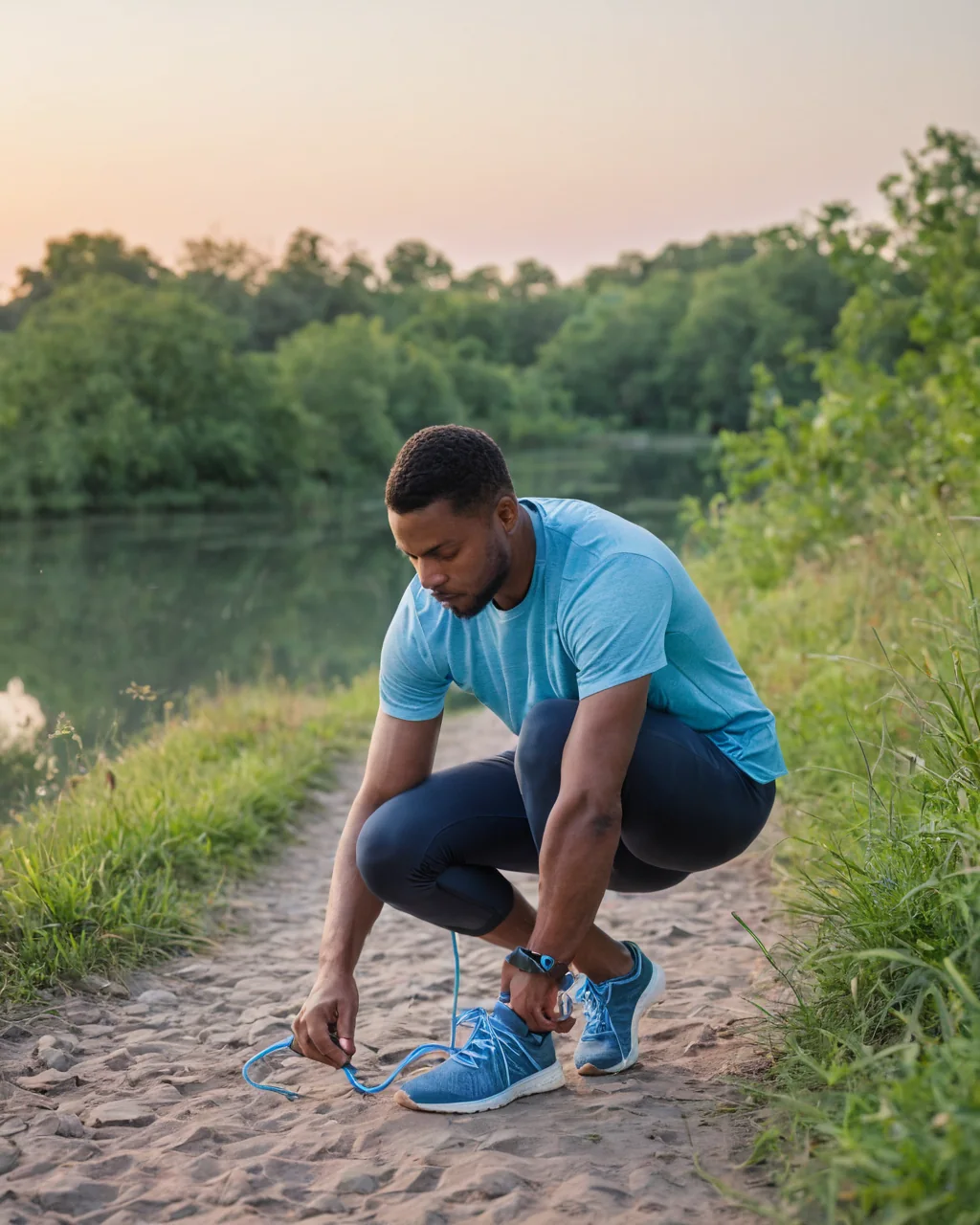 Man tying running shoes on gravel trail near river at sunset