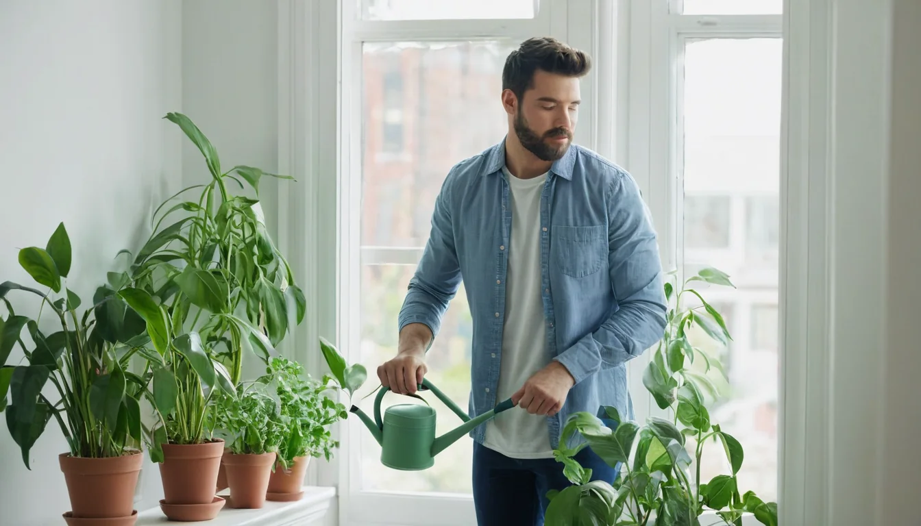 Man watering indoor plants by a bright window