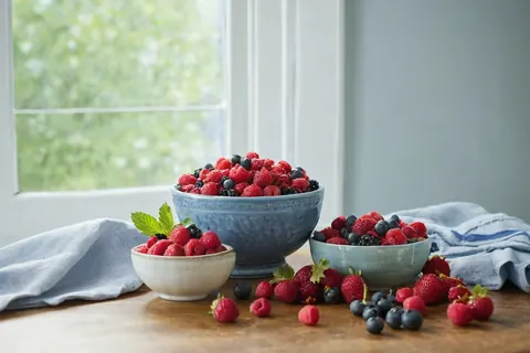 Three bowls of mixed berries on a wooden table near a window with greenery outside.