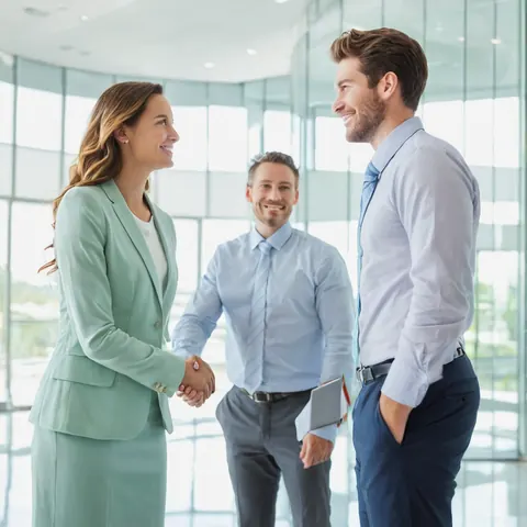Three business people shaking hands in a modern glass-walled office lobby.