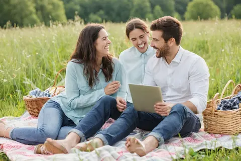 Three friends laughing while looking at a tablet during a picnic in a grassy field.