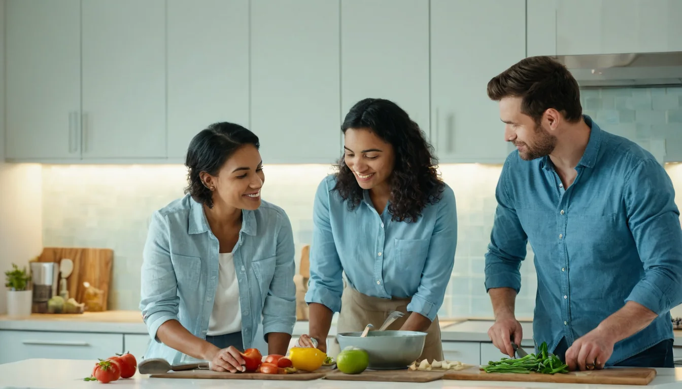 Three people chopping vegetables in a bright modern kitchen