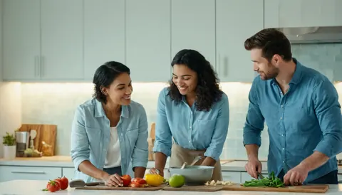 Three people chopping vegetables in a bright modern kitchen