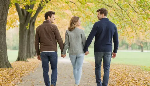 Three people holding hands walking on a leaf-covered path in autumn
