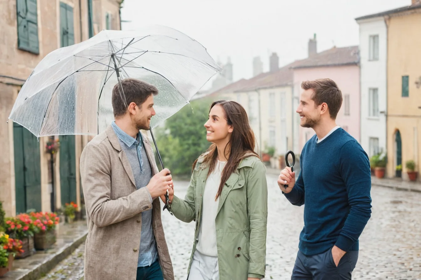 Three people smiling and chatting under an umbrella on a rainy cobblestone street.