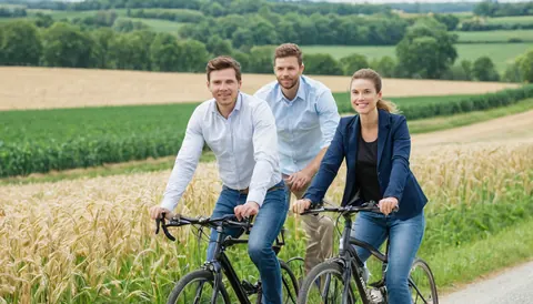Three people smiling while riding bicycles on a country road through wheat fields.
