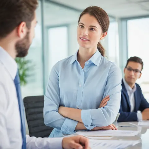Three professionals in a modern office meeting with documents on the table.