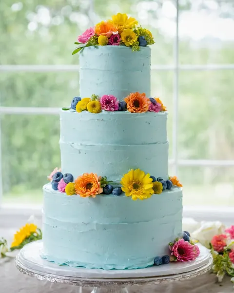 Three-tiered blue cake decorated with colorful flowers and blueberries on a silver stand.