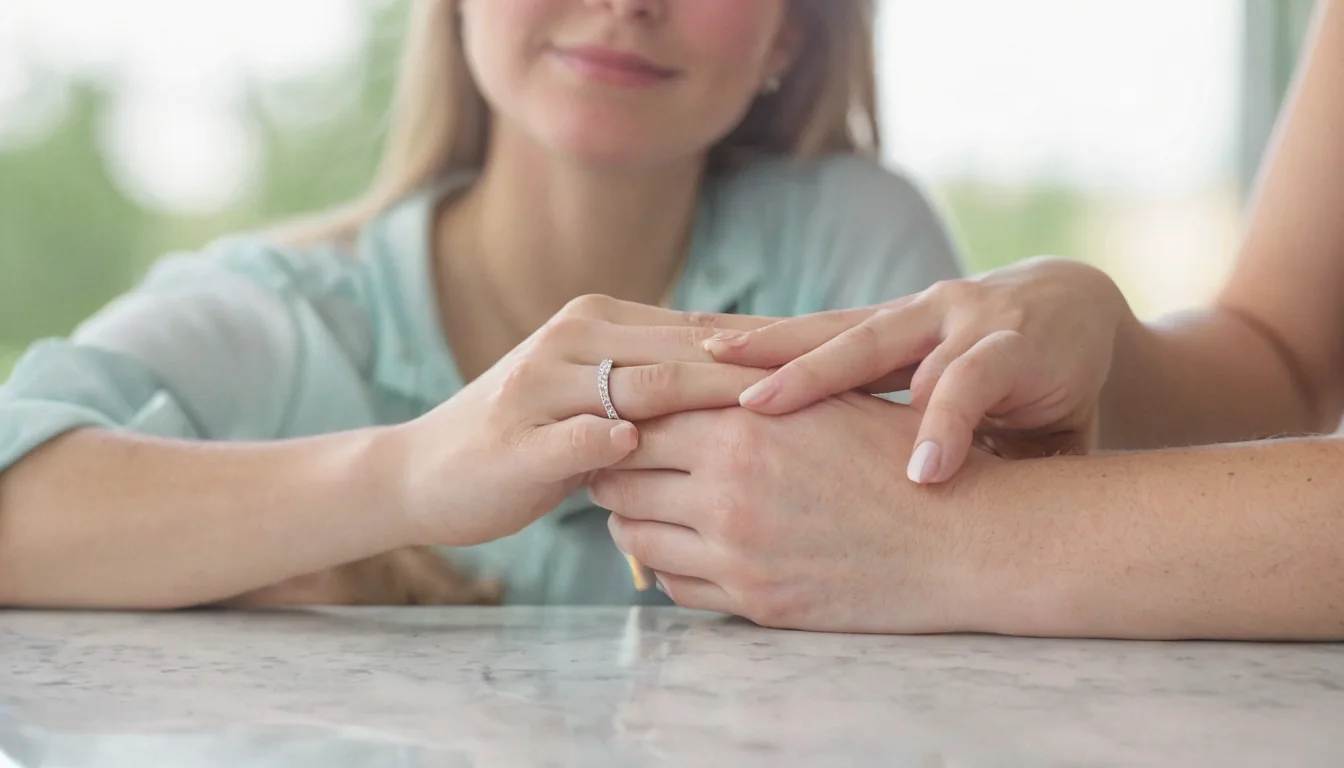 Two hands clasped together on a marble table with a smiling woman in the background.