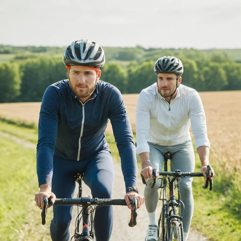 Two men cycling on a rural road through golden fields and green trees on a sunny day.