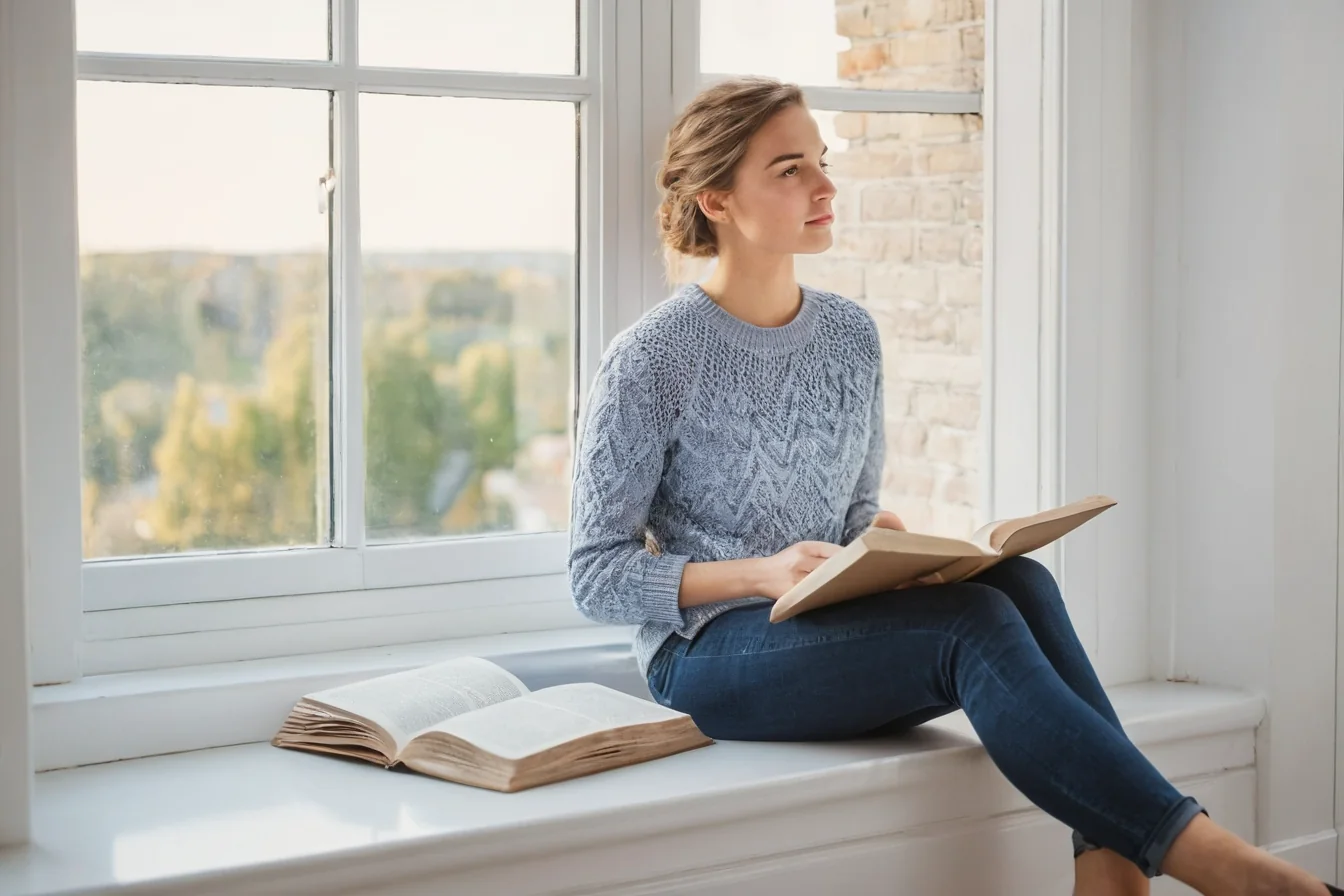 Woman in blue sweater reading book on white windowsill looking out at green landscape