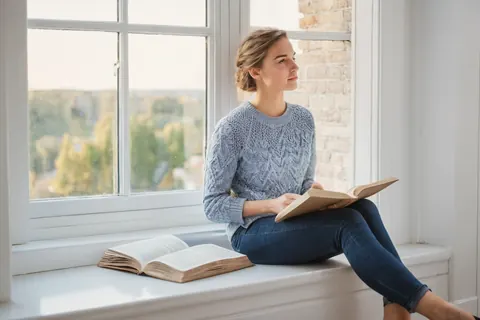 Woman in blue sweater reading book on white windowsill looking out at green landscape