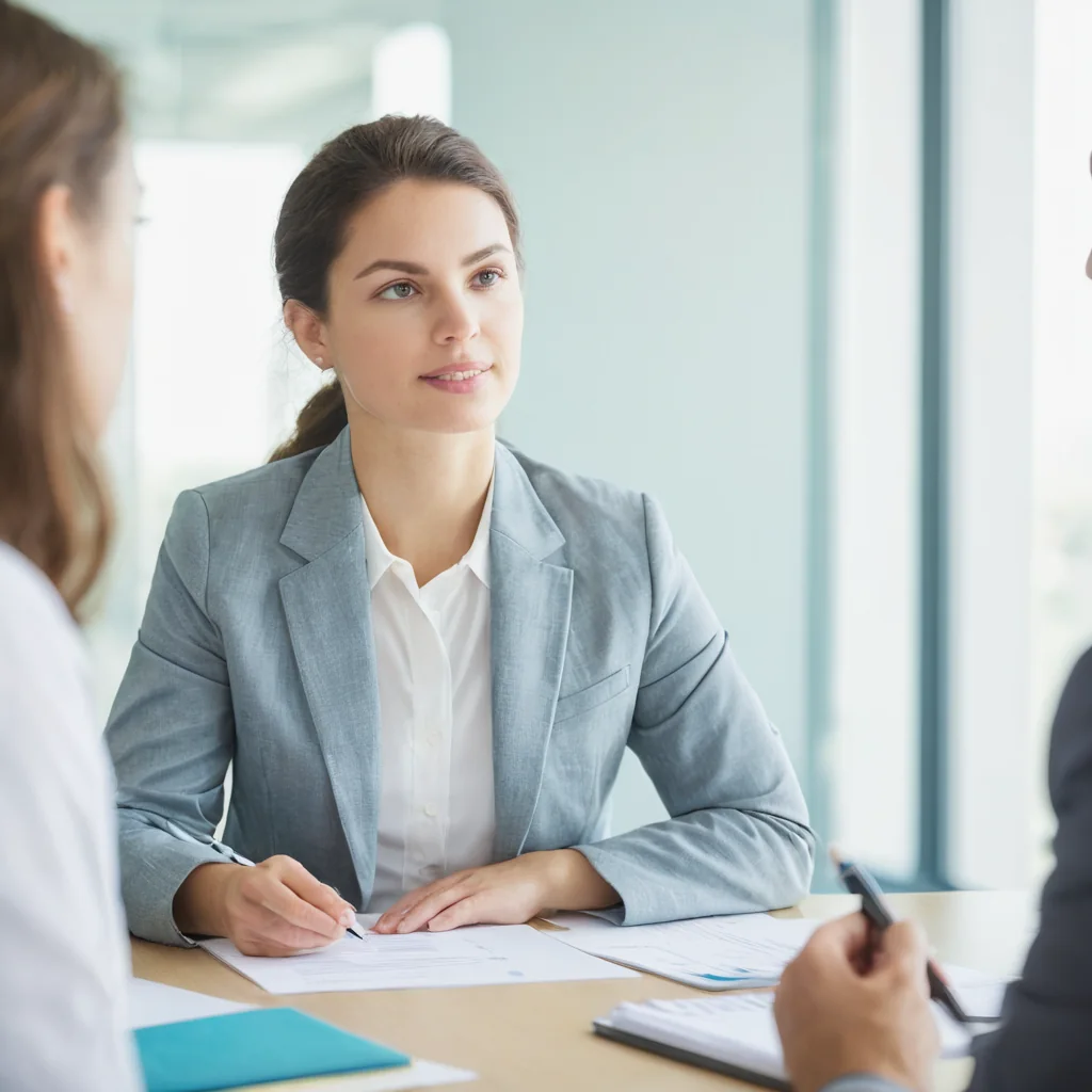 Woman in gray blazer signing documents at a business meeting table with colleagues
