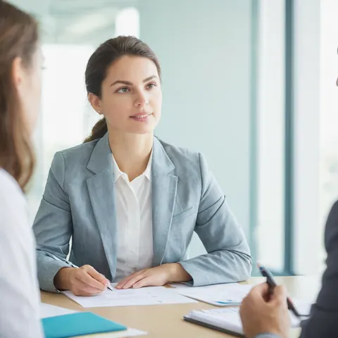 Woman in gray blazer signing documents at a business meeting table with colleagues