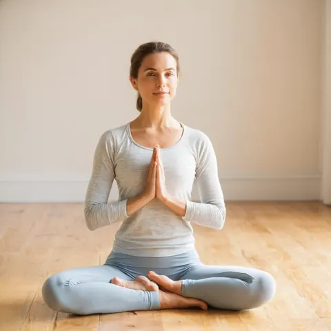 Woman meditating in yoga pose on wooden floor wearing light gray athletic wear