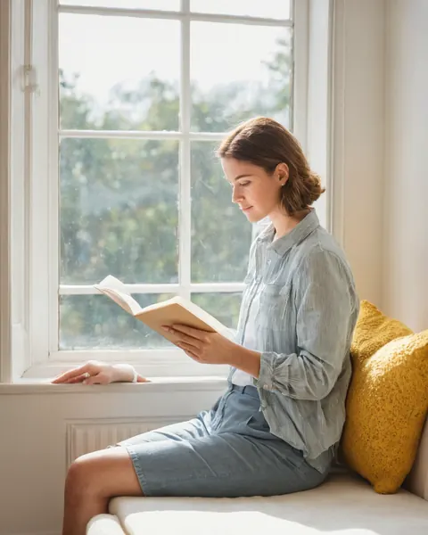 Woman reading a book by a sunny window with a yellow pillow nearby.