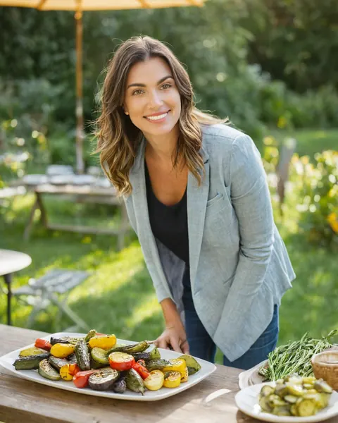 Woman smiling while presenting grilled vegetables on a wooden table in a garden setting.