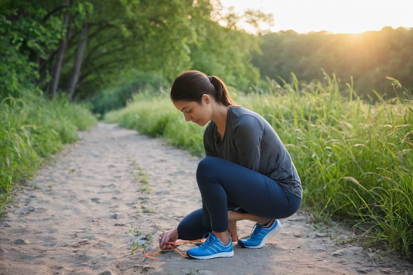 Woman tying blue running shoes on dirt trail at golden sunset