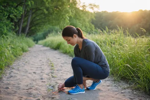 Woman tying blue running shoes on dirt trail at golden sunset