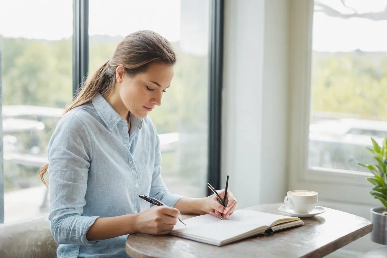 Woman writing in notebook at wooden table with coffee cup and window view