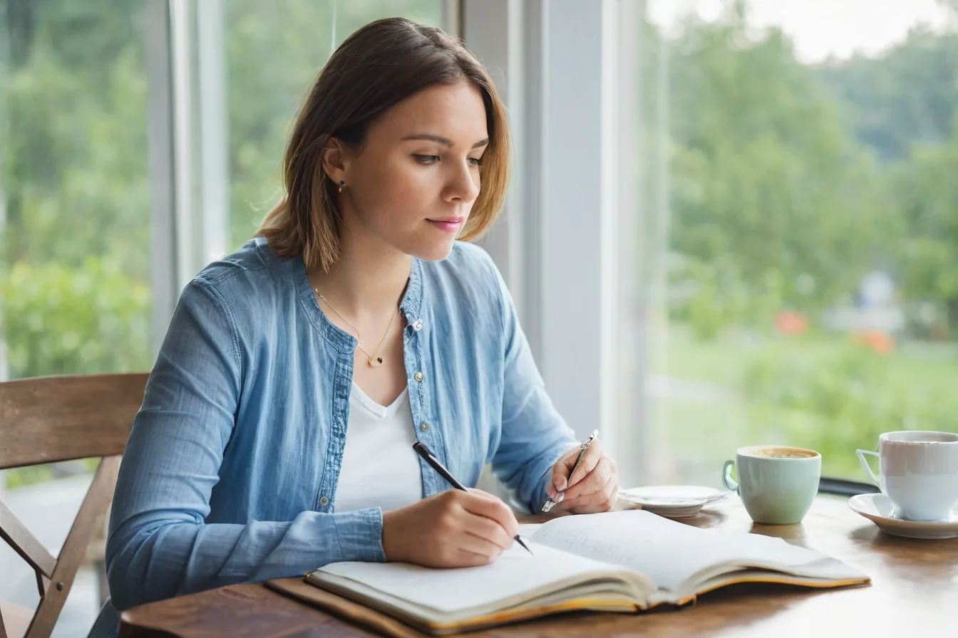 Woman writing in notebook at wooden table with coffee cups near window