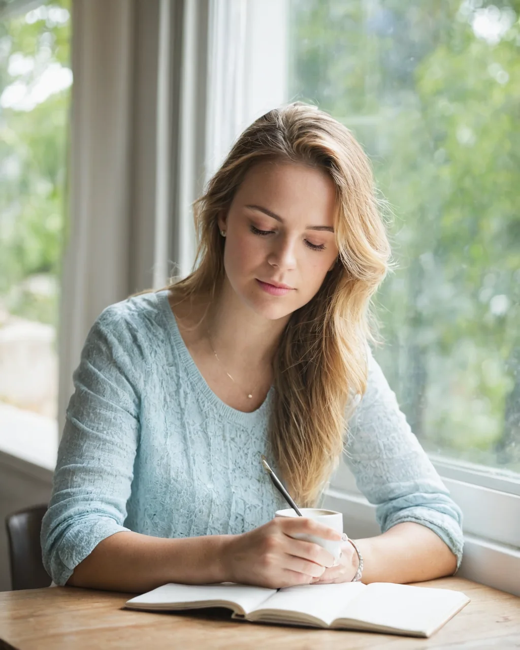 Woman writing in notebook by window holding coffee mug