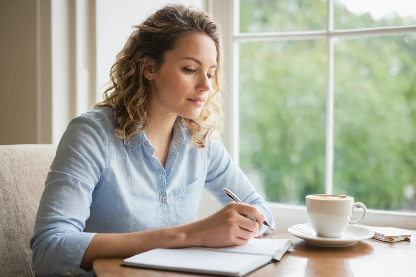 Woman writing in notebook with coffee cup by window