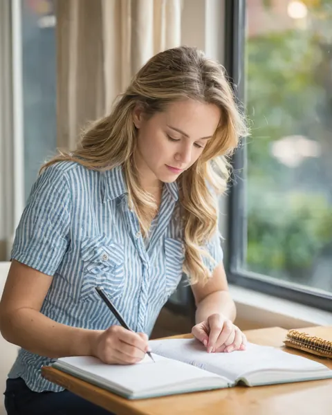 Young woman writing in notebook at wooden desk by window